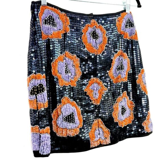 H&M Navy Blue Orange Purple Sequin Embellished Floral Mini Party Holiday Skirt - Picture 9 of 16